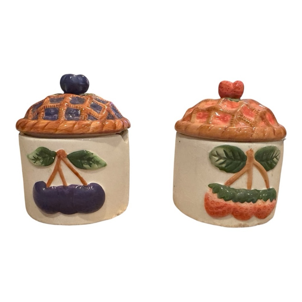 Vintage Ceramic Jam and Jelly Blueberry Strawberry Pie Lidded Jars with Spoon